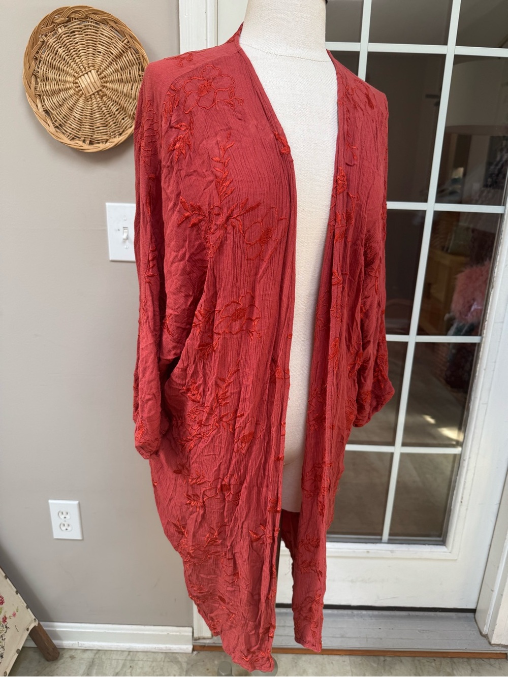 Zara Rust Reddish Orange Floral Embroidered Kimono Cardigan Size Medium